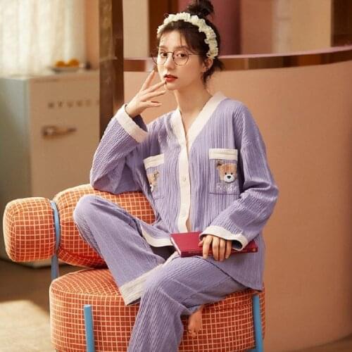 Womens Pajamas Korean Style V-Neck Cardigan Cotton Pit Stripe Long-Sleeved Top Trousers Sleepwear Set Casual Loose Nightwear
