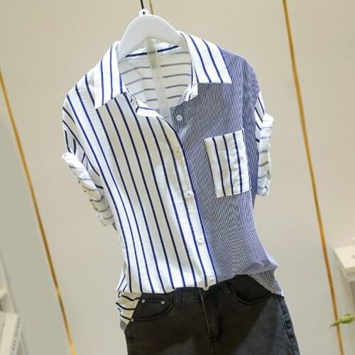 Vintage Striped Patchwork Women Shirts Summer 2021 Cotton Linen Turn-Down Collar Slim Pocket Office Lady Outwear Tops