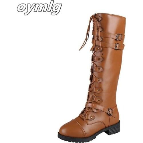 Sexy Lace Up Knee High Boots Women Fashion Boots Flats Shoes Woman Square Heel Rubber Flock Boots Botas Winter Buckle Size 43