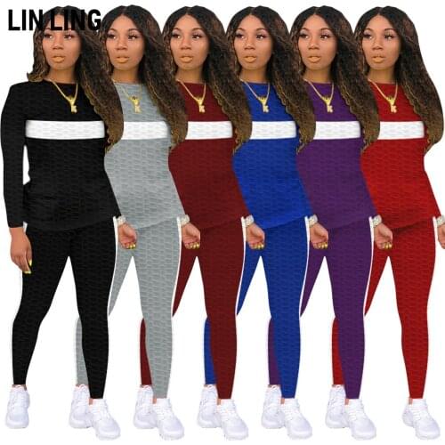 Solid Round Neck Splicing White Stripe T-shirt + Tight Jogging Waffle Plaid Pants Two Piece Set Women