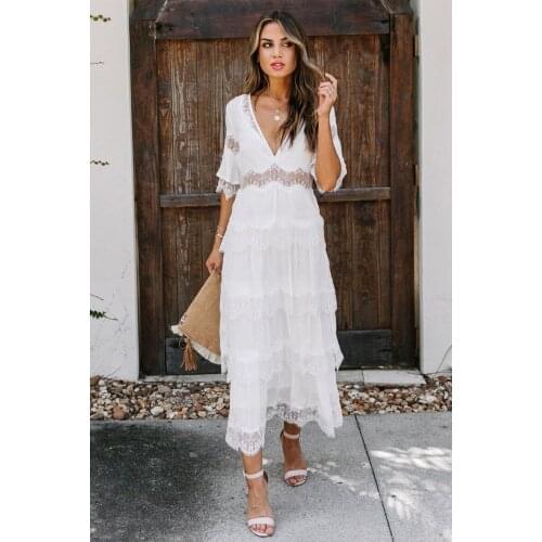 RMSFE 2021 Ladies Spring and Summer Tulle Medium Sleeve Fashion Deep V Pullover Temperament Solid Lace Dress