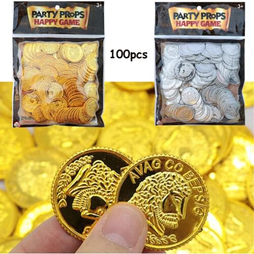 100pcs Plastic Gold Silver Pirate Treasure Play Coins for Treasure Hunt Game Kids Children Funny Novelty Party Props Toys