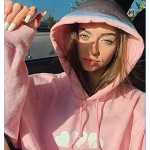 American retro park street hooded sweater girl loose slim hoodie top women pink solid color love sweet gentle cute kawaii