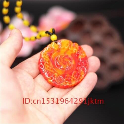 Amulet Chinese Fashion Yellow Jewelry Jadeite Red for Women Jade Gifts Flower Natural Hand Necklace Carved Pendant Charm Men