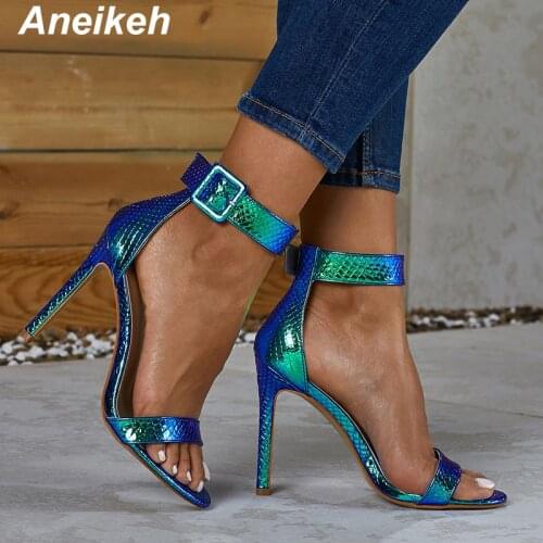 Aneikeh 2020 Fashion Summer Serpentine PU Peep Toe High Heel Women Sandals Sexy Buckle Strap Ankle-Wrap Ladies Club Shoes Silver