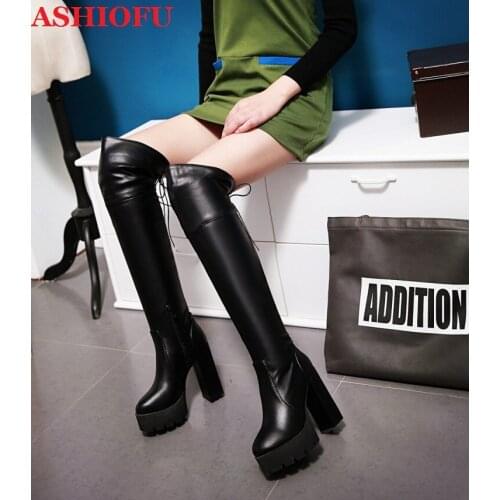 ASHIOFU Wholesale New Womens Chunky Heels Boots Thick-soles Party Prom Knee High Boots Evening Club Dance Fashion Winter Boots