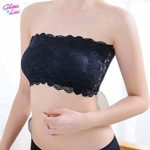 Women Sexy Seamless Lace Bra Push Up Wire Free Bralette Strapless Paded Tube Top Fashion Embroidery Stretch Soft Cotton Lingerie
