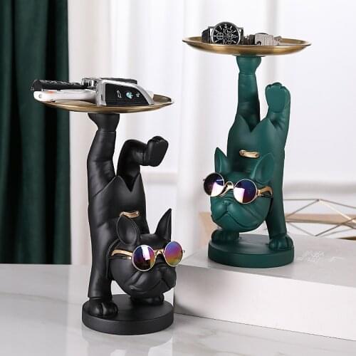 Home Living Room Decor,Animals Figurines,French Bulldog Sculpture,Statue,Table Decoration,Desktop Storage Metal Tray,Fruit Dish