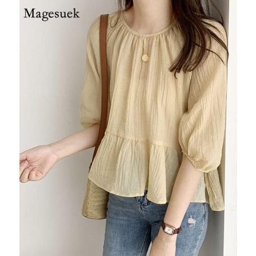 Plus Size Japanese Style Sweet Chiffon Shirt Summer Loose Womens Blouse 2021 Round Neck Ruffled Pleated Top Female Blusas 15371