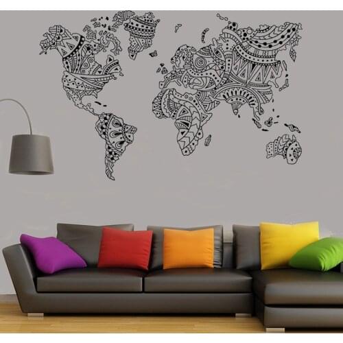 World Map Mandala Wall Decal Boho Decor Ideas Vinyl Wall Sticker Removable Living Room Wall Decoration Art Wallpaper Mural Y43