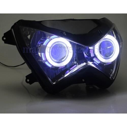 Motorcycle Custom HID Xenon Projector Headlight Assembly LED White Blue Angel Eyes Head Lamp For Kawasaki Z800 Z250 Z300 13-16
