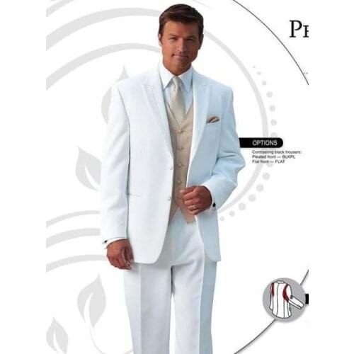 Custom Made Mens Suits Groomsmen Peak Lapel Groom Tuxedos White Wedding Best Man Suit (Jacket+Pants+Tie+Vest) A23