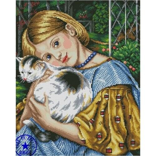 Top quality beautiful cute counted cross stitch kit little girl and cat kitty in the garden