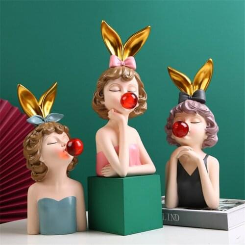 Nordic Resin Rabbit Bunny Ears Cute Bubble Girl Statue Decor Light Luxury Home Living Room TV Cabinet Ornaments Birthday Gift