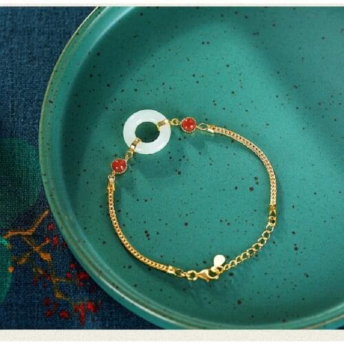 2021 New S925 Natural Hetian Jade Buckle Bracelet Female Simple Micro-Inlaid Natural Southern Red Agate Temperament Gift