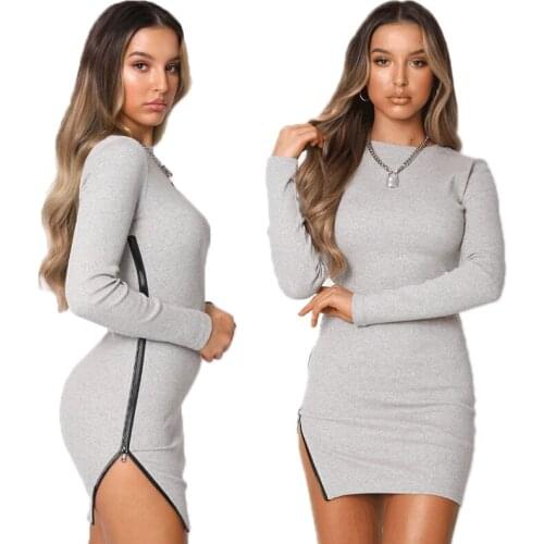 Autumn Winter Mini Bandag Wrap Dress Hem Zipper High Split Dresses Long-sleeved Solid Bottom Bag Hip Dress INS Fashion Pullover