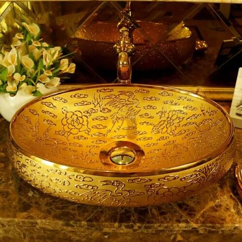 Luxurious Golden/Silver Glazed Procelain Europe Vintage Style Art wash basin Ceramic Counter Top Wash Basin Bathroom Sinks