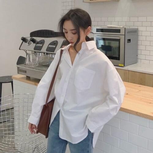 New Spring Autumn Women Shirts White Plain Loose Oversized Blouses Female Long Sleeves Korean Style Chiffon Tops