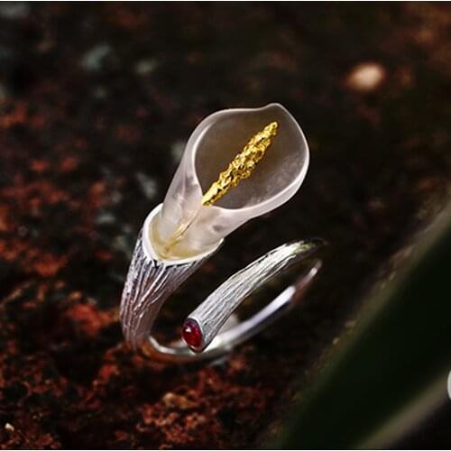 Handmade Real 925 Sterling Silver Resizable Ring Natural Crystal Calla Lily Flower Designer Fine Jewelry for Women