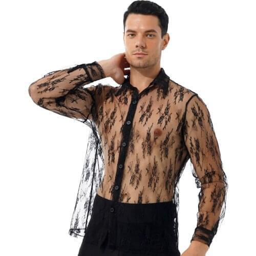 Sexy Floral Lace Shirt Men Fashion Latin See-through Turn-Down Collar Long Sleeve Button Tops Party Nightclub Stage Performance