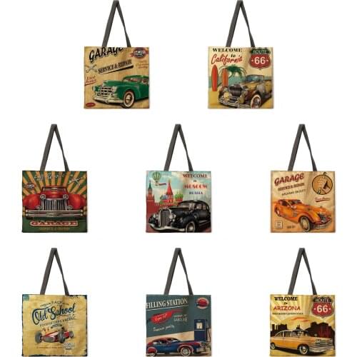 Folding shopping bag retro classic car lady shoulder bag female leisure handbag outdoor beach bag female tote bag