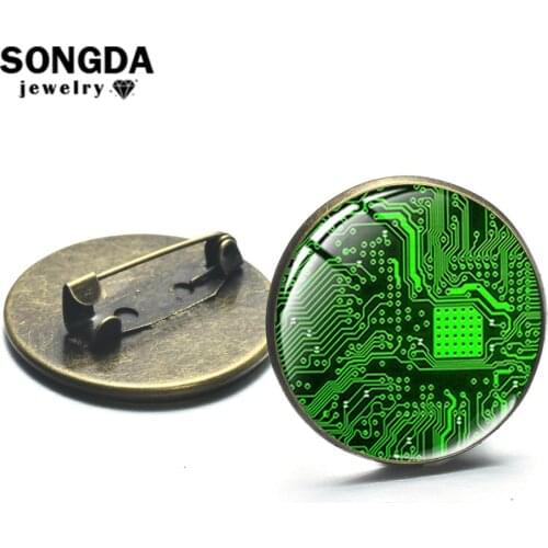 SONGDA Personality Computer Major Brooch Computer Circuit Board Picture Glass Cabochon Metal Pins Button Jackets Backpack Badges