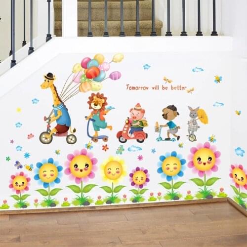 Spring Tour Animals Balloons Wall Stickers DIY Sunflowers Plants Mural Decals for Kids Room Baby Bedroom Home Decoration