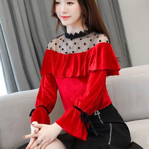 Blusas mujer de moda loose mesh velvet women blouses fashion brand ruffles polka dot shirts autumn Korean style loose tops new