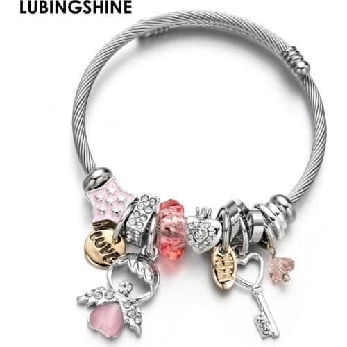 Fashion Crystal Heart Charms Stainless Steel Bracelets Bangles Silver Color Star Key Pendant Bracelet Jewelry for Women