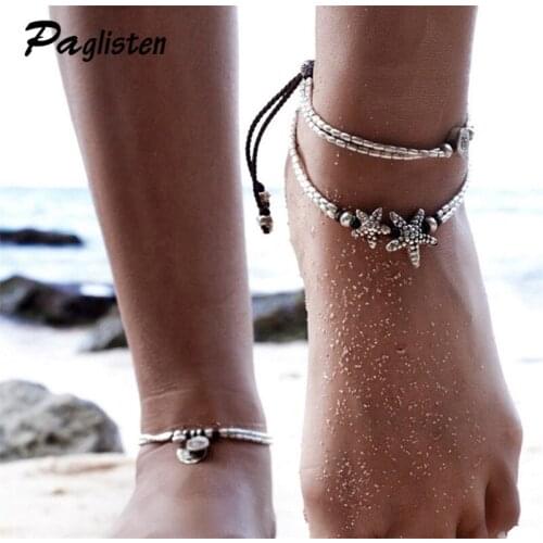 PAGlisten Vintage Antique Silver Color Anklet Women Starfish shape Beads Bohemian Ankle Bracelet cheville Boho Foot Jewelry
