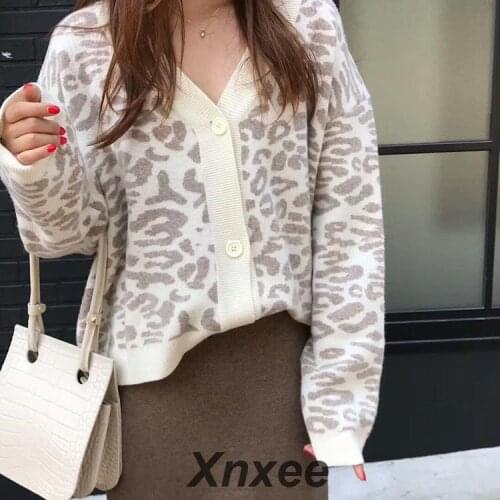 Women Autumn Winter Leopard Cardigan Thick Sweater Female Long Sleeve Loose Oversized Knitted Coat Manteau Femme Hiver