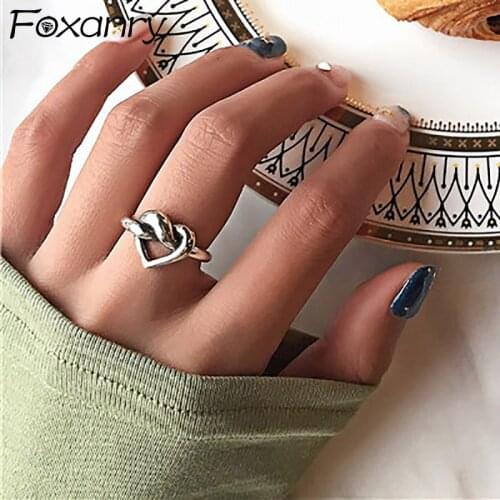 Foxanry 925 Sterling Silver LOVE Heart Rings for Women New Fashion Creative Knotted Geometric Vintage Punk Party Jewelry Gifts