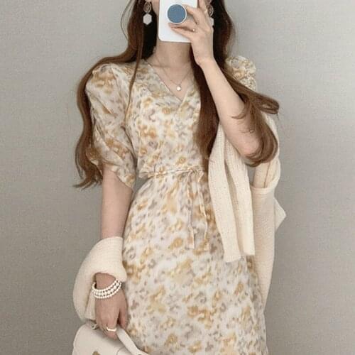 New Elegant V-Neck Short-Sleeved Floral Chiffon Dress Female 2021 Summer One-Piece Korean Chic WomenS Dress Midi Casual Dresses