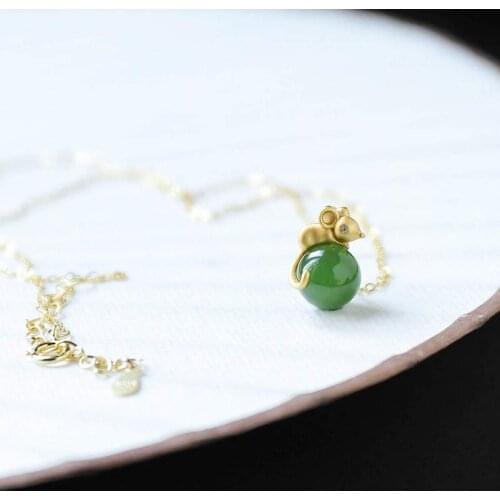 Golden Rat Holding Beads Natural Hetian Jade Green Jade Golden Rat Pendant 925 Sterling Silver Jade Necklace Lucky Birthday Gift