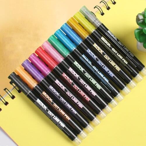12 Pcs/Set Creative Colored Metallic Markers Double Line Painting Pens For Student Drawing Signature Pen School Art Supplies New
