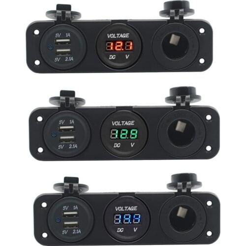 50% Hot Sales Car Boat Dual USB Charger + LED Voltmeter + Power Outlet Socket 3 Holes Panel