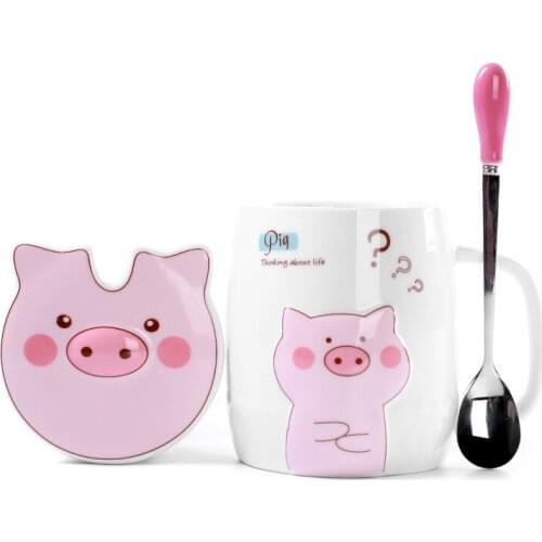 500mL Ceramics Cute Pig Mug with Lid Spoon Coffee Milk Tea Cup Water Drinking Glasses Tumbler Creative Gift Drinkware