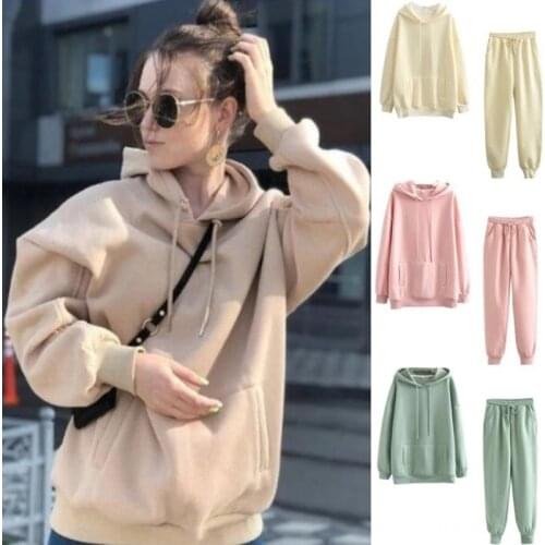 AECU Winter 2 Pieces Sets Casual Tracksuit Hoodies Sweatshirt Pants Suit Women Thick Fleece Cotton Suit Women Couple Tracksuit