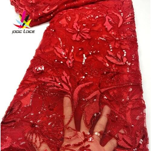 African Heavy Beaded Lace Fabric Luxury Tulle Mesh Lace Fabric French Handmade Beads Red Fabrics Embroidery for Women XZ3000B-2