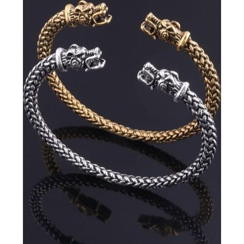 Double Head Dragon Open Cuff Bracelet Vintage Norse Viking Twisted Pattern Carved Bangle Bracelets for Men Jewelry Gift