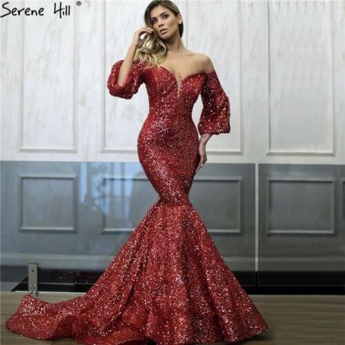 Dubai Red Long Sleeves Mermaid Evening Dresses Design 2020 Off Shoulder Sequined Sexy Luxury Evening Gowns LA60993