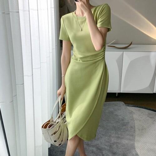 Dabourfeel French Casual Round Neck Folds Irregular Design Solid Color Short Sleeve Midi Dress 2021 Elegant Office Lady