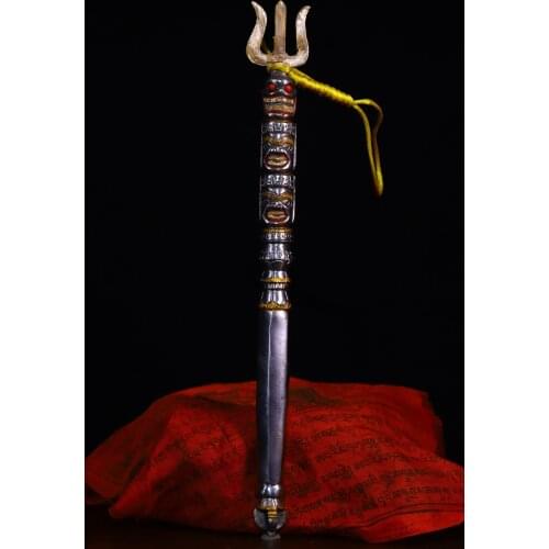 11"Tibetan Temple Collection Old Tiantie Engraved Skull Mahakala head statue Dorje Vajra Phurpa Ornaments Town House Exorcism