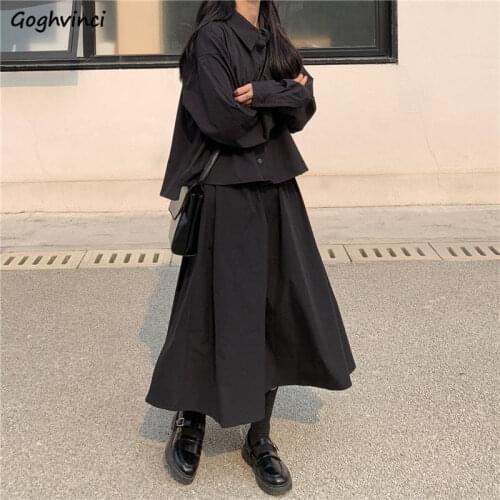 Women sets Black Skirt and Tops 2 Piece Simple Leisure Single Breasted Long-sleeve Shirts Mid-calf Length A-line Skirts Harajuku