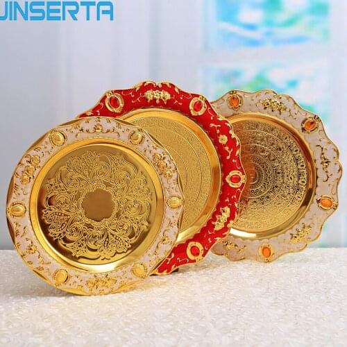 JINSERTA Metal Storage Tray Gold Dessert Fruit Cake Snack Plate Golden Rim Home Party Wedding Decoration Organizer Tableware