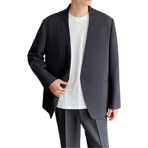 Men Korean Harajuku Streetwear Trendy Fashion Collarless Single Button Blazers Suit Jacket Man Loose Casual Suit Coat Blazer