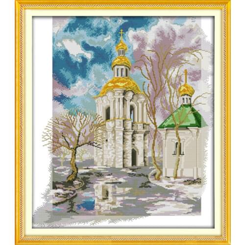 Winter castle cross stitch kit lanscape garden 14ct 11ct count printed canvas stitching embroidery DIY handmade needlework