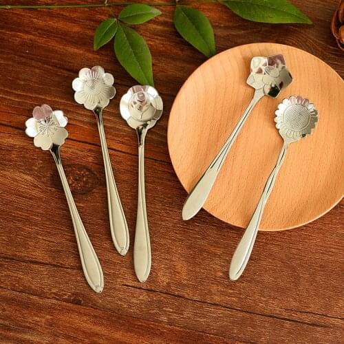 Stainless Spoon Reusable Silver Flower Scoops Stirring Coffee Dessert Cake Mixing Sugar Ice Cream Spoons Tableware for Tea Party