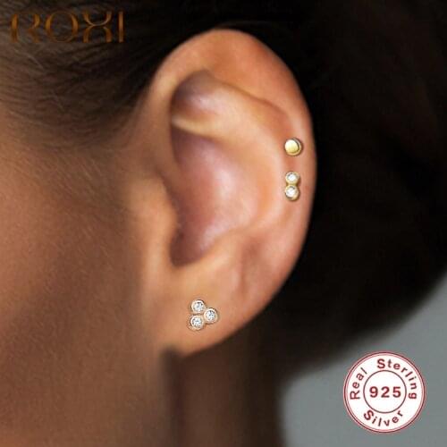 ROXI 3Pcs/Sets Minimalism Small Stud Earrings For Women 925 Sterling Silver Zircon Puncture Circle Earrings Pendientes Jewelry