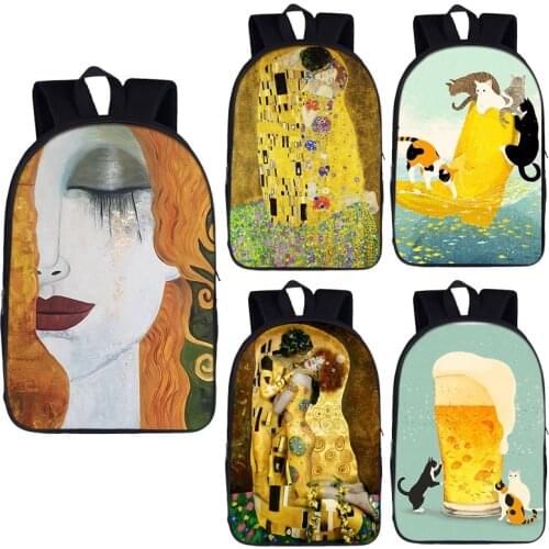 Painting Kiss / Beer Cat /Tear By Gustav Klimt Backpack Women Men Travel Bag Children School Bags Boys Girl Schoolbag Bookbag